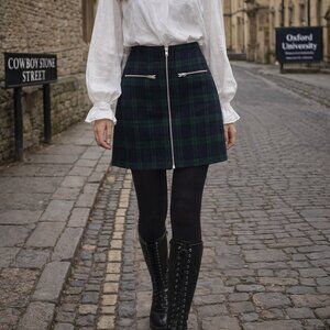 Madewell Black Watch Plaid Zip Front Mini Skirt Size 6 Wool Blend